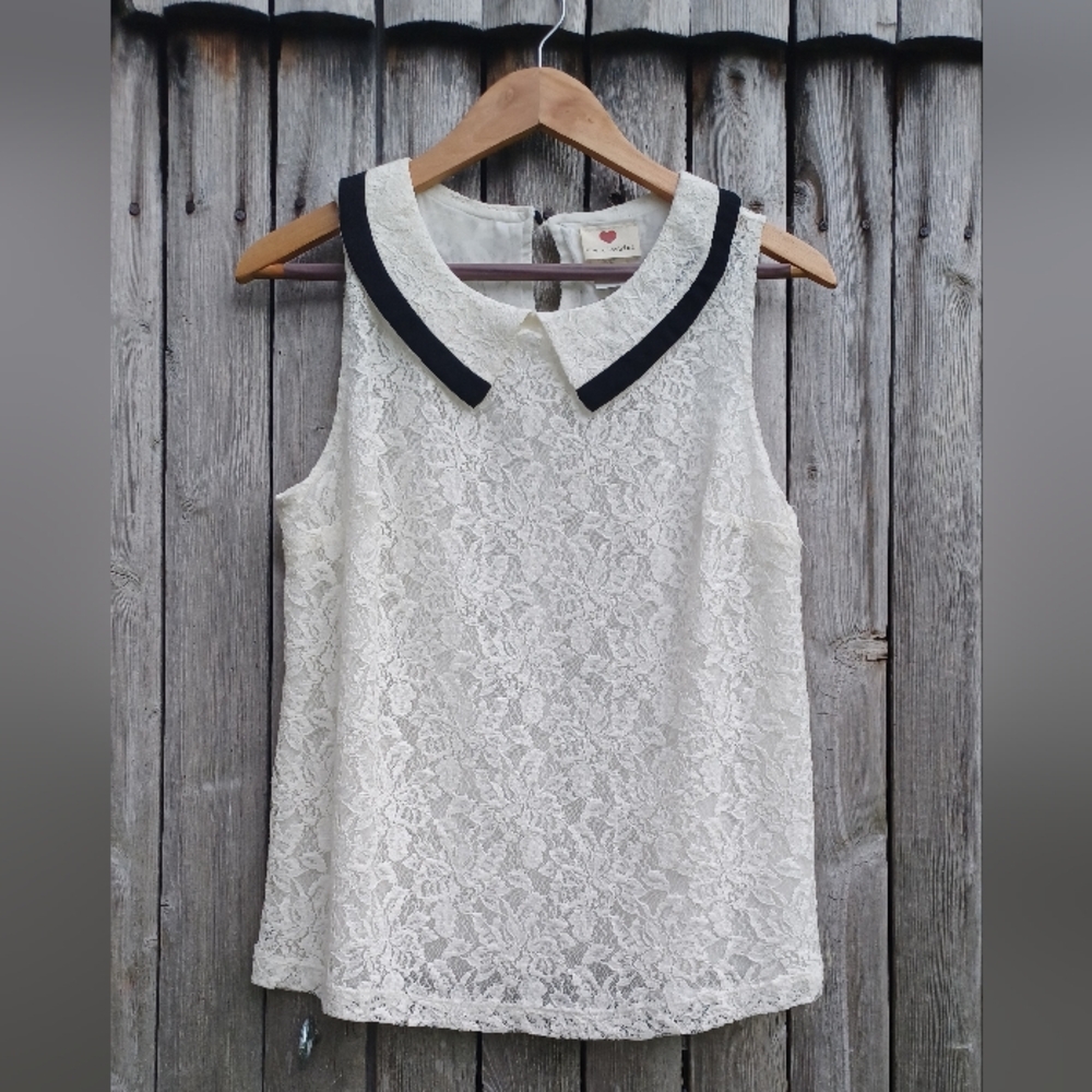 One Clothing black & white lace mod goth tank top Peter Pan collar Womens S